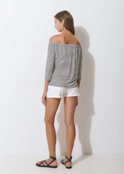 Camisetas Y Tops*Brownie Camiseta escote bardot raya tejida bicolor Crudo