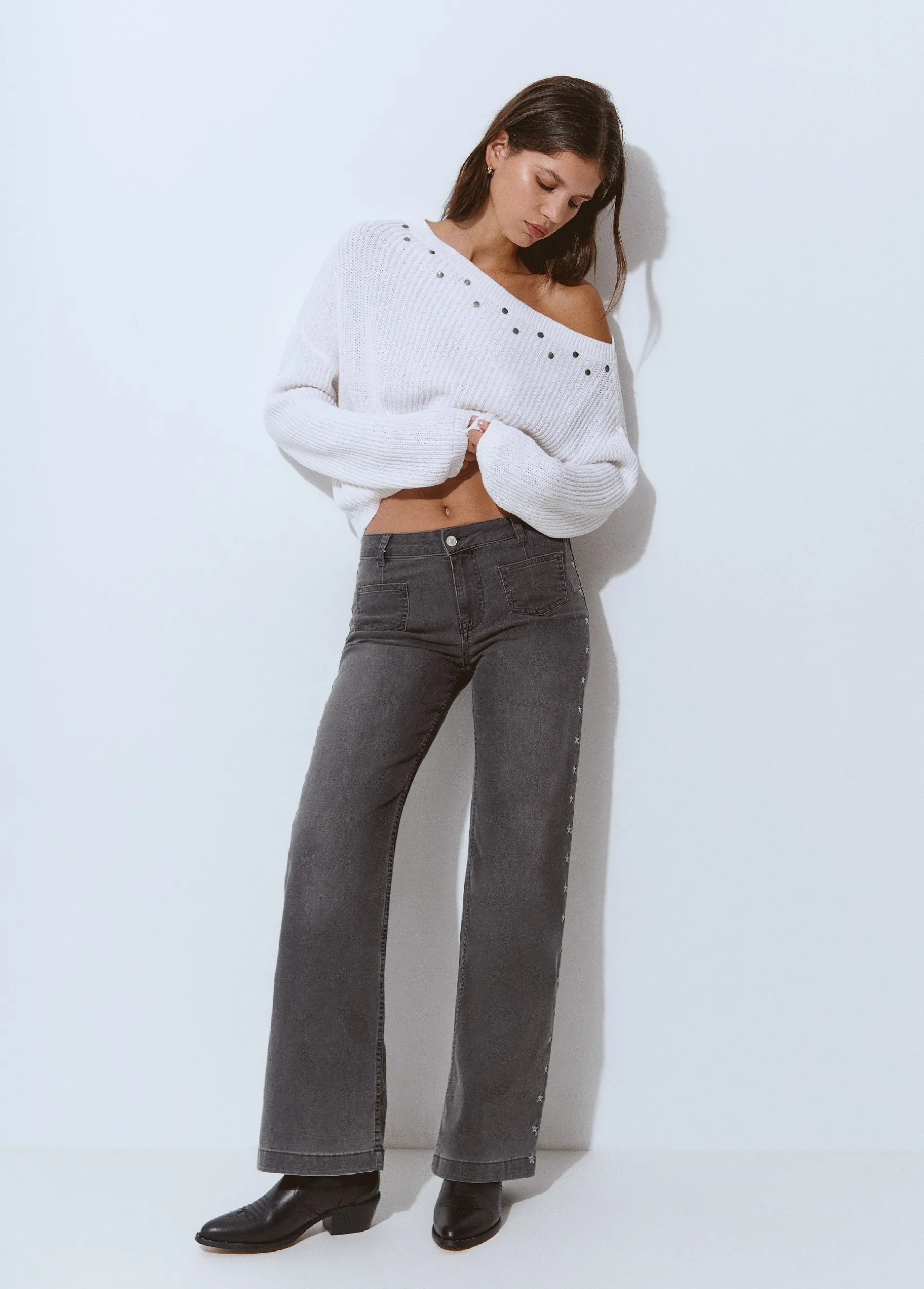 Pantalones|Jeans*Brownie Pantalón culotte bordado estrellas Gris